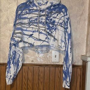Blue & White paint spattered Cropped Hoodie (L)